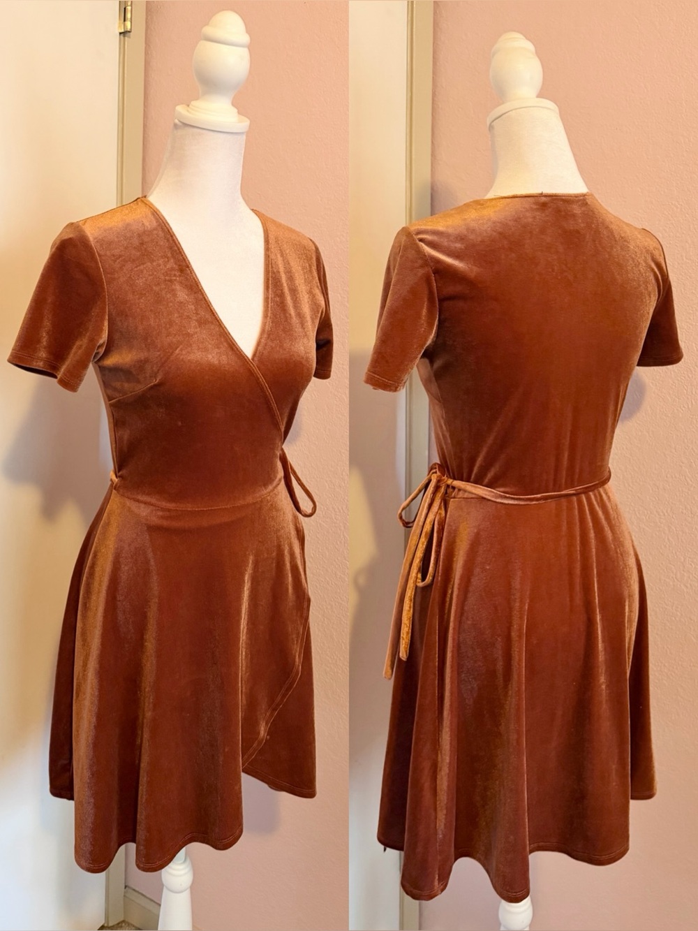 Copper Velour Side Tie Wrap Dress